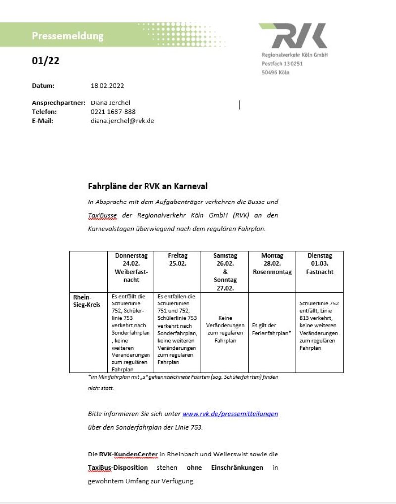 Der Fahrplan der RVK an Karneval. Bitte besuchen Sie für eine barrierefreie Darstellung des Fahrplans die Seite der RVK.