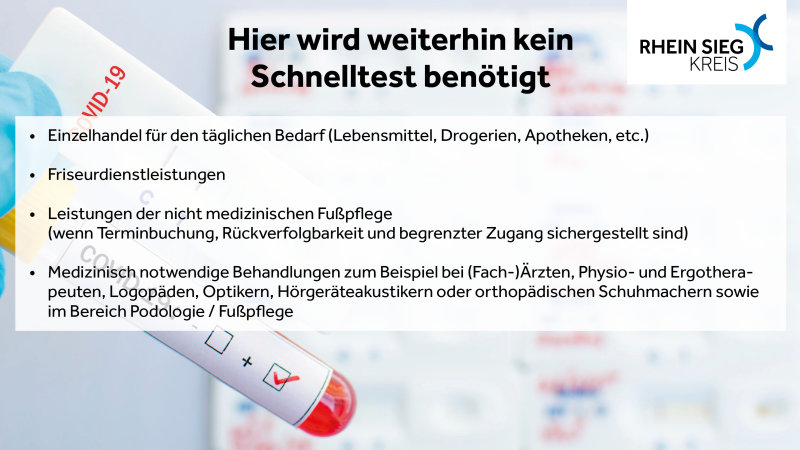 Auf dem Bild wird grafische in Stichpunkten dargestellt, wann kein Corona-Schnelltest benötigt wird. Diese Informationen finden Sie im dazugehörigen Artikel des Rhein-Sieg-Kreises vom heutigen Tage.