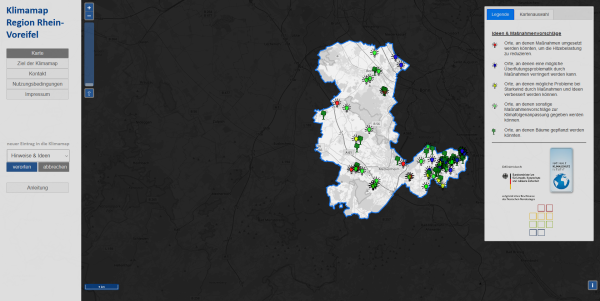 Auf dem Bild ist ein Screenshot zu sehen, der die Klimamap zeigt. Auf der Karte sind dann die Standorte markiert, bei denen Maßnahmen zu Klimafolgenanpassungen (Starkregen etc.) möglich sind. 