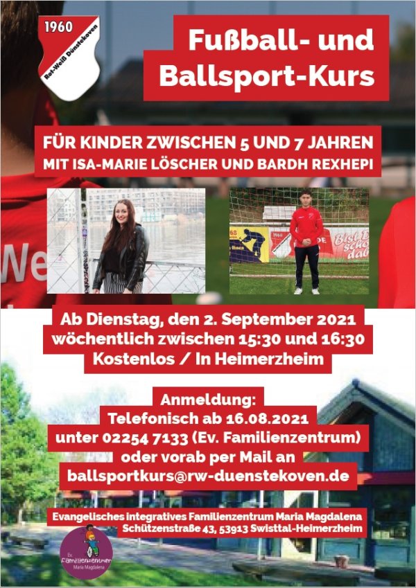 Für Kinder zwischen 5 und 7 Jahren, ab Dienstag den 2.09.2021 wöchentlich zwischen 15:30 und 16:30 Uhr. Anmeldung telefonisch ab 16.08. unter 022547133 beim ev. Familienzentrum.