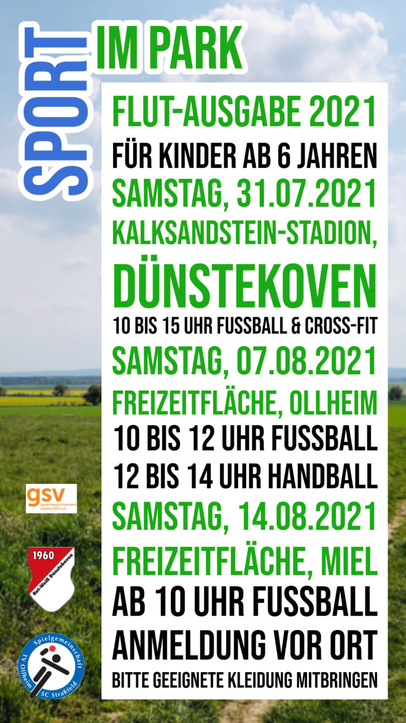 Das Werbebanner für Sport im Park - in Dünstekoven, Ollheim und Miel. Jeweils Samstags, Beginn