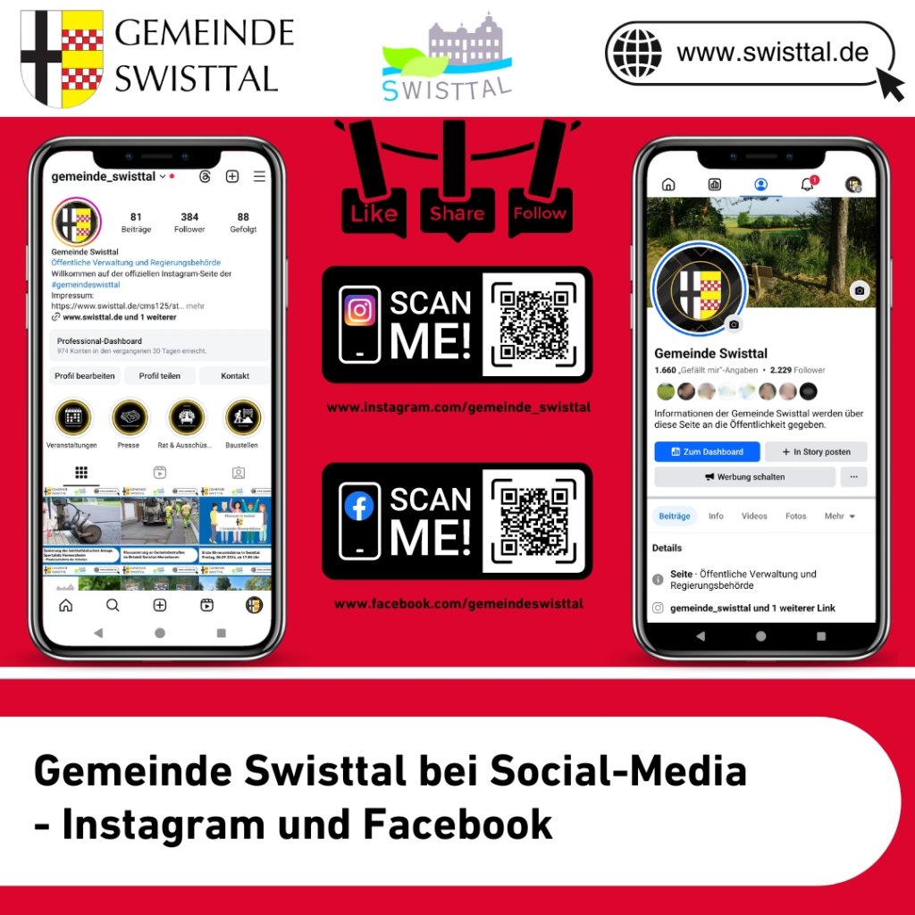 Folgen Sie der Gemeinde auf Social-Media: Facebook: www.facebook.com/gemeindeswisttal, Instagram: www.instagram.com/gemeinde_swisttal