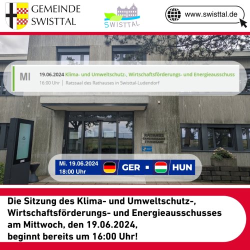 Die Sitzung des Klima- und Umweltschutz-, Wirtschaftsförderungs- und Energieausschusses am Mittwoch, den 19.06.2024,  beginnt bereits um 16:00 Uhr!