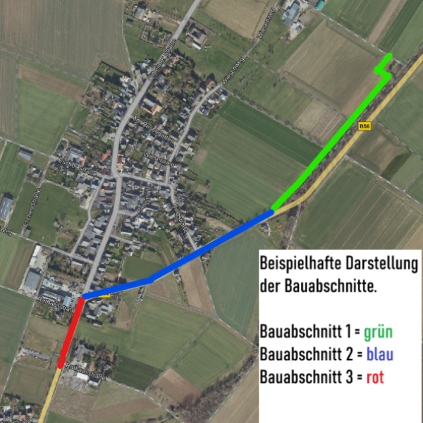 Auf dem Bild sind die verschiedenen Bauabschnitte auf einer Karte von Ludendorf entlang der B56 in grün, blau und rot zu sehen