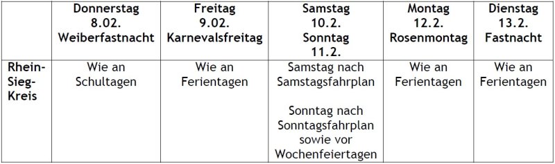 Karnevalsfahrplan Übersicht: Donnerstag, 08.02.2024 