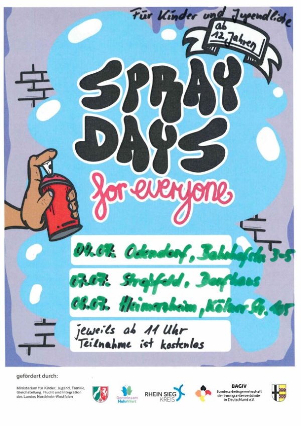 Spray Days for everyone, Veranstaltung ab 11 Uhr am 04.07. , 07.07. ,08.08 für Kinder und Jugendliche ab 12 Jahren 