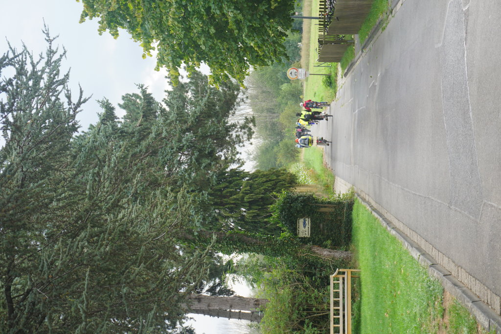 Zu sehen ist eine Straße, auf der eine Gruppe von Menschen auf Fahrrädern fährt. Das Bild ist perspektivisch von hinten aufgenommen, sodass die Fahrer von der Kamera weg fahren.