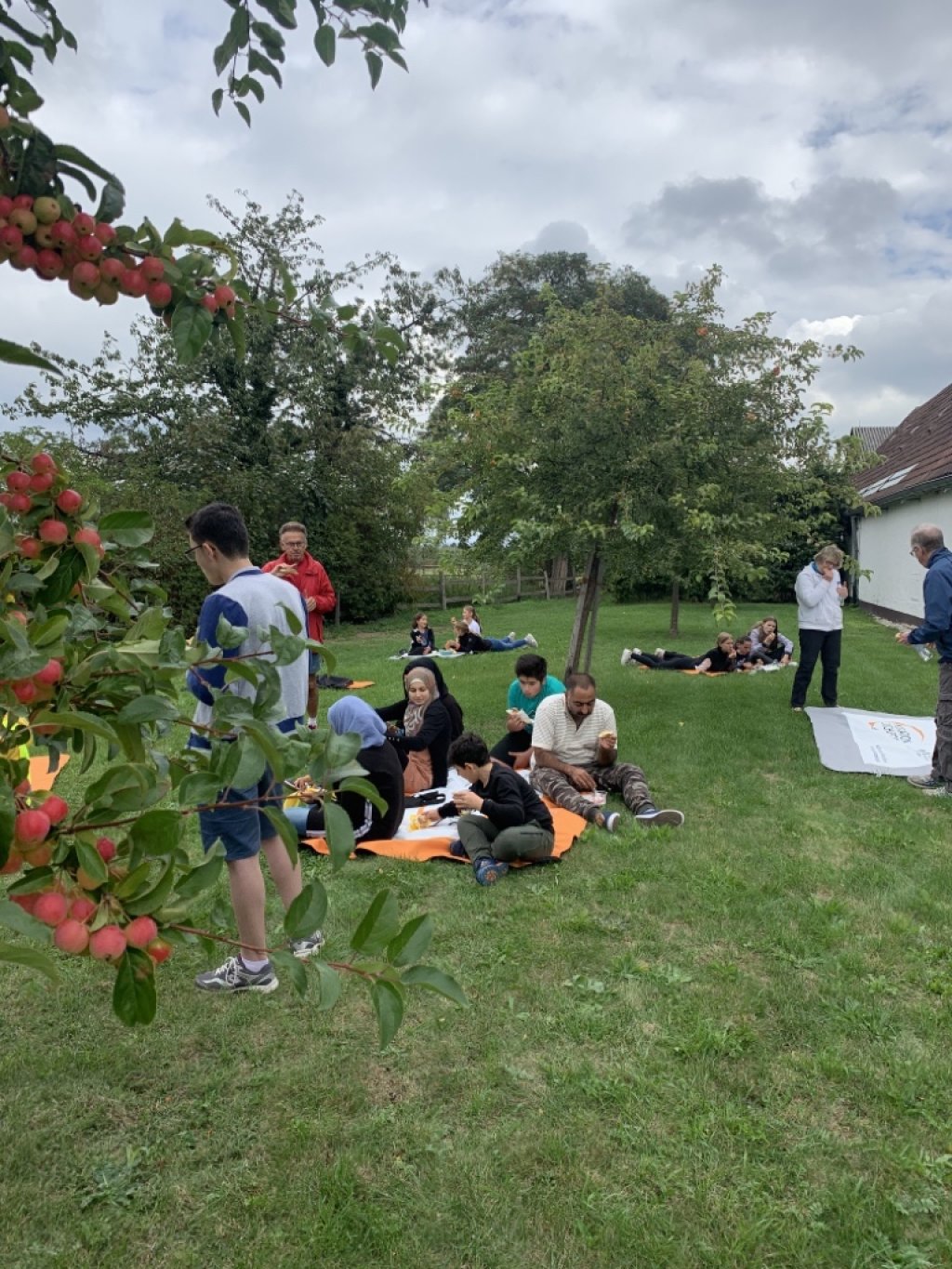 Auf dem Bild ist eine Wiese und Apfelbäume zu sehen, zwischen denen sich Gruppen von Menschen auf Decken niedergelassen haben.